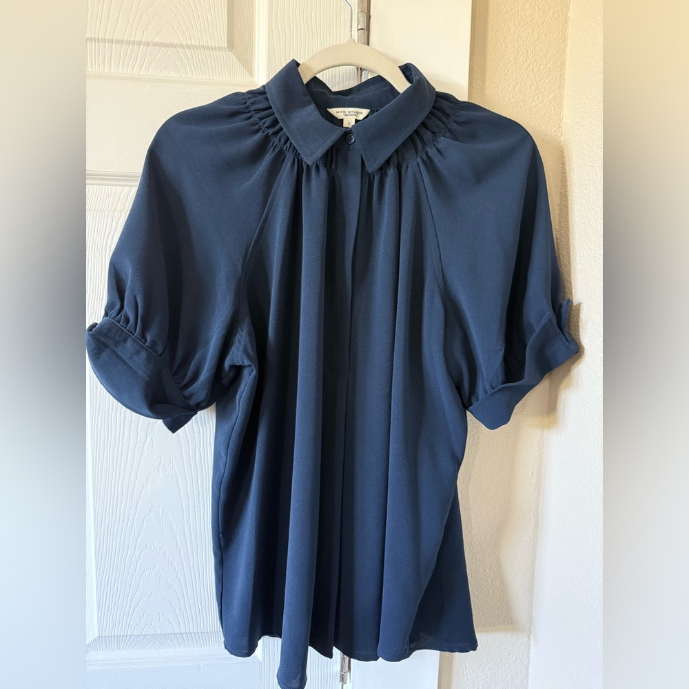 Women’s Max Studio Blue Collared Half Button Blou… - image 1